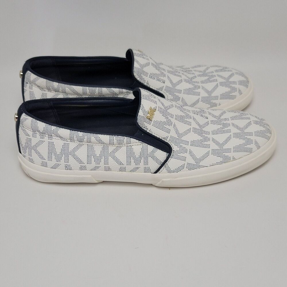 Michael Kors White and Navy Logo Slip-On Sneakers
